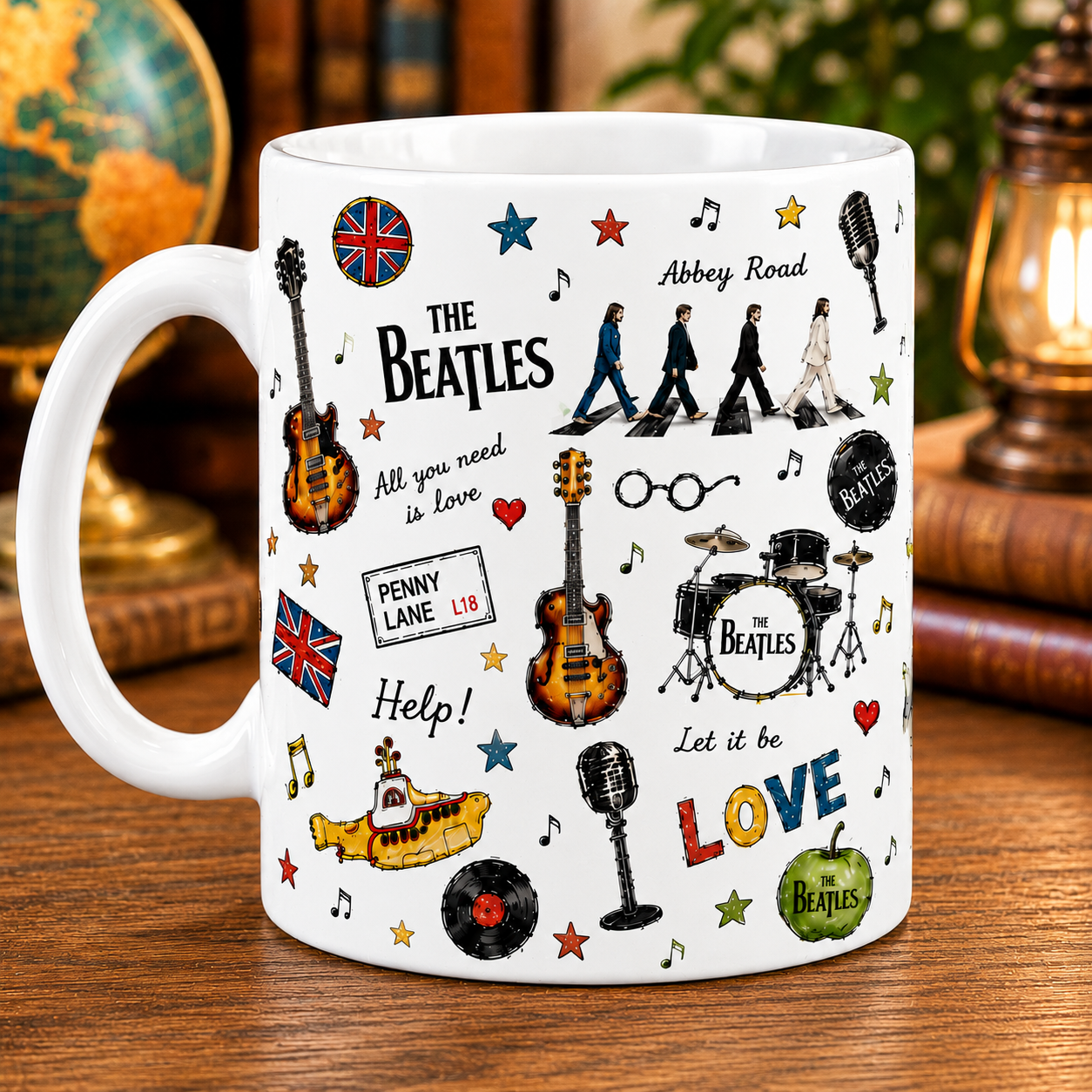 The Beatles Sketch Icon Collage Mug, Abbey Road and Yellow Submarine Coffee Cup, Classic Rock Music Fan Gift