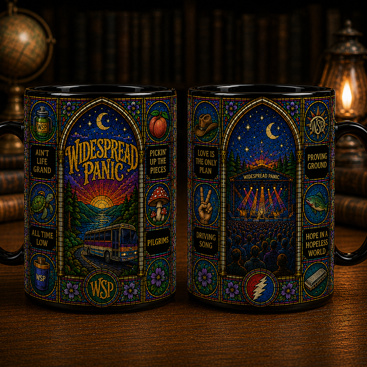 Widespread Panic Stained Glass Black Ceramic Mug – WSP Concert Inspired Coffee Mug, Colorful Jam Band Fan Gift, Psychedelic Music Lover Mug