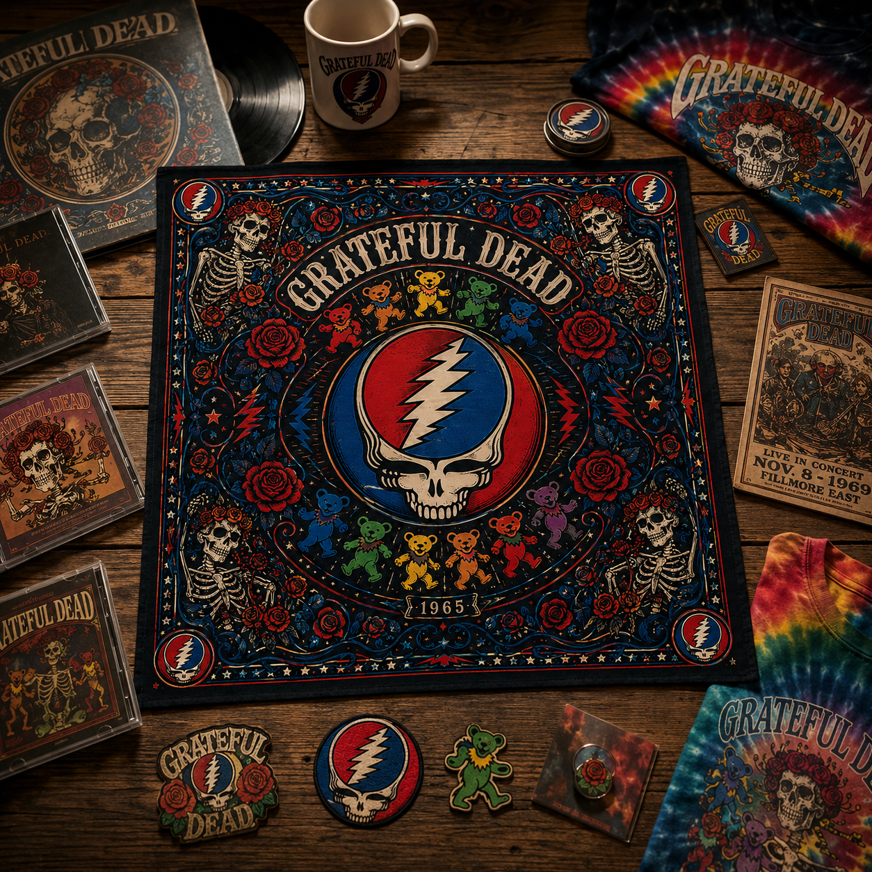 Grateful Dead Satin Bandana - Dancing Bears & Steal Your Face Skull Rose Bandana - Deadhead Fan Gift - Vintage Psychedelic Music Scarf