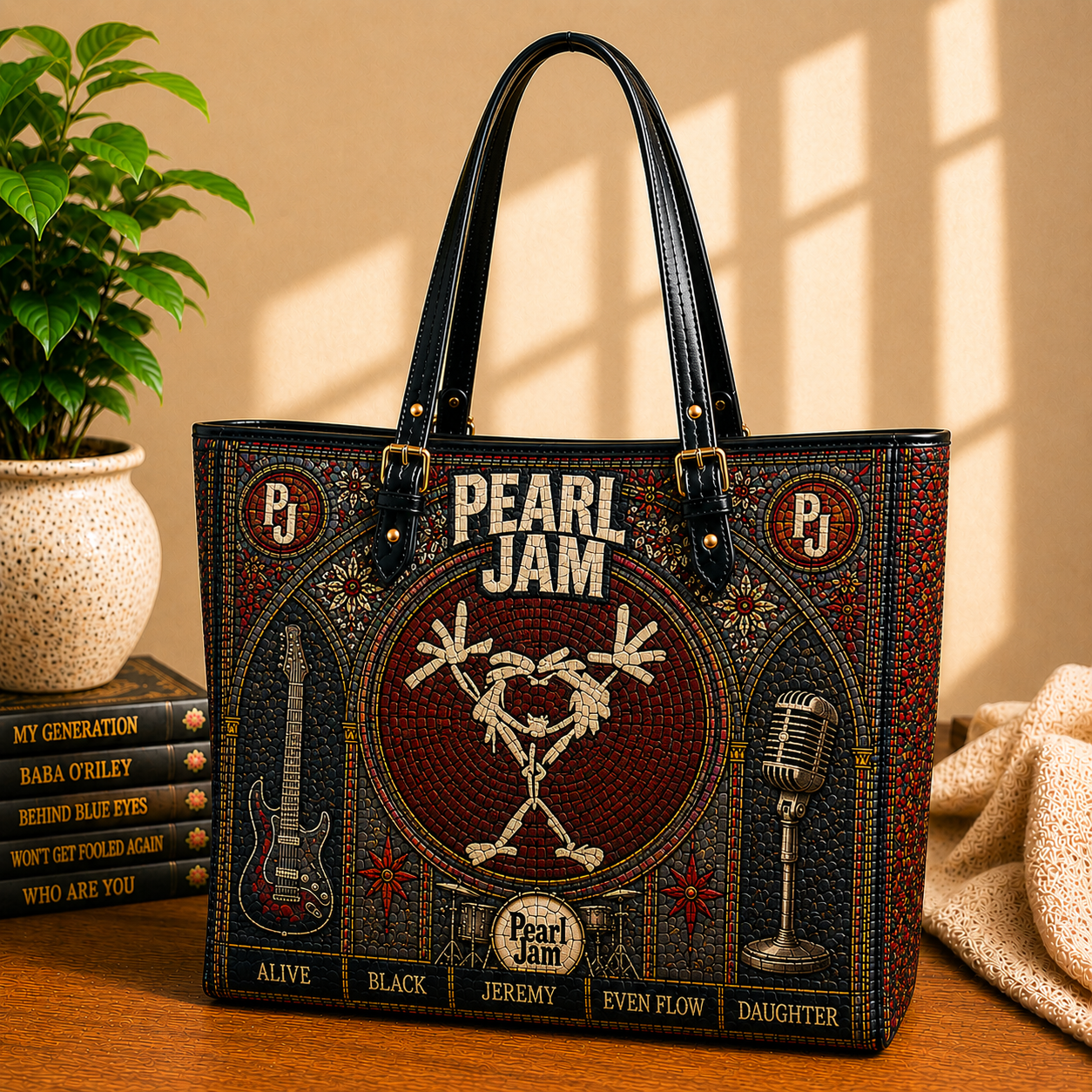 Pearl Jam Leather Handbag, Leather Tote Bag, Leather Wallet Set - Stained Glass Pearl Jam Band Fan Gift, Luxury Rock Music Accessories