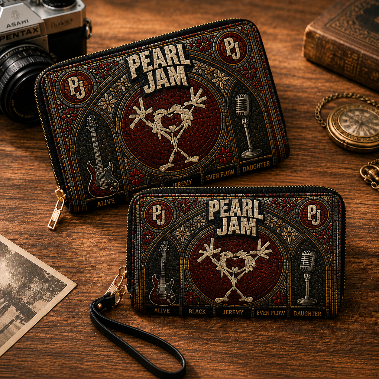 Pearl Jam Leather Handbag, Leather Tote Bag, Leather Wallet Set - Stained Glass Pearl Jam Band Fan Gift, Luxury Rock Music Accessories