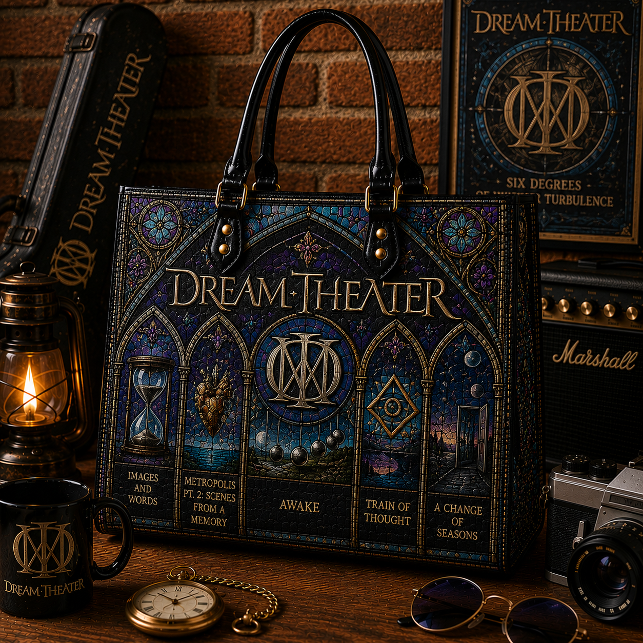 Dream Theater Leather Handbag, Leather Tote Bag, Leather Wallet Set - Stained Glass Dream Theater Band Fan Gift, Luxury Rock Music Accessories