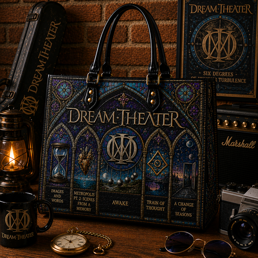 Dream Theater Leather Handbag, Leather Tote Bag, Leather Wallet Set - Stained Glass Dream Theater Band Fan Gift, Luxury Rock Music Accessories