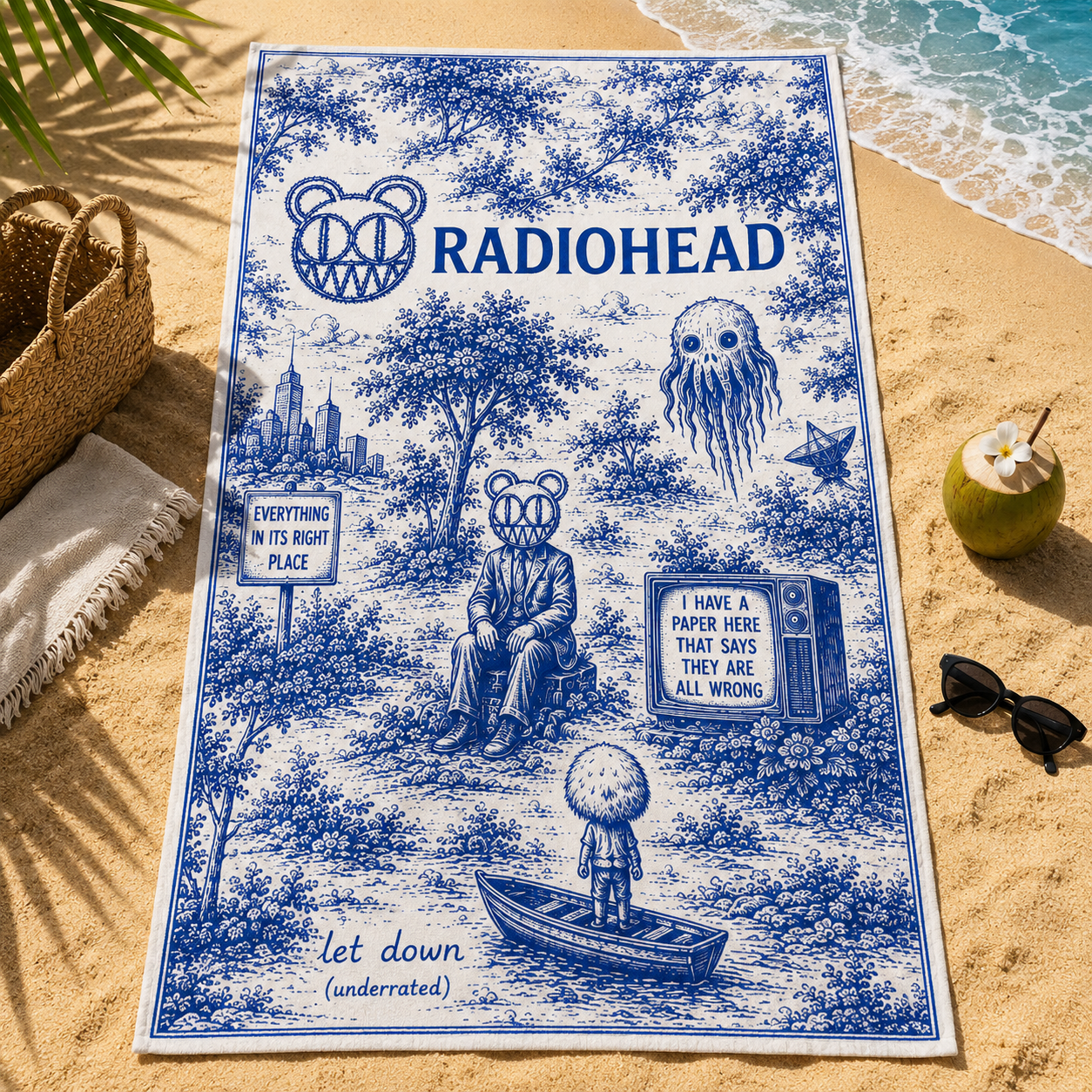 Radiohead Beach Towel - Blue Vintage Toile Alternative Rock Music Fan Coastal Towel