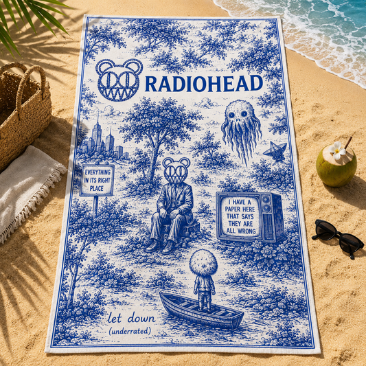 Radiohead Beach Towel - Blue Vintage Toile Alternative Rock Music Fan Coastal Towel