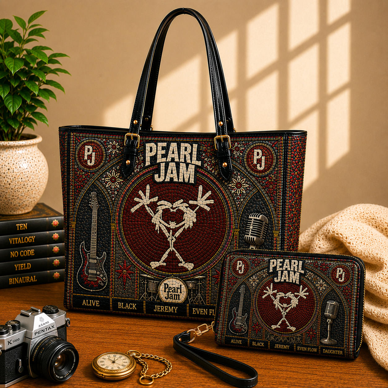 Pearl Jam Leather Handbag, Leather Tote Bag, Leather Wallet Set - Stained Glass Pearl Jam Band Fan Gift, Luxury Rock Music Accessories