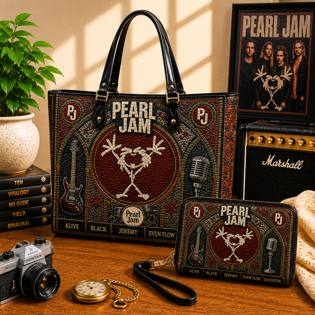 Pearl Jam Leather Handbag, Leather Tote Bag, Leather Wallet Set - Stained Glass Pearl Jam Band Fan Gift, Luxury Rock Music Accessories