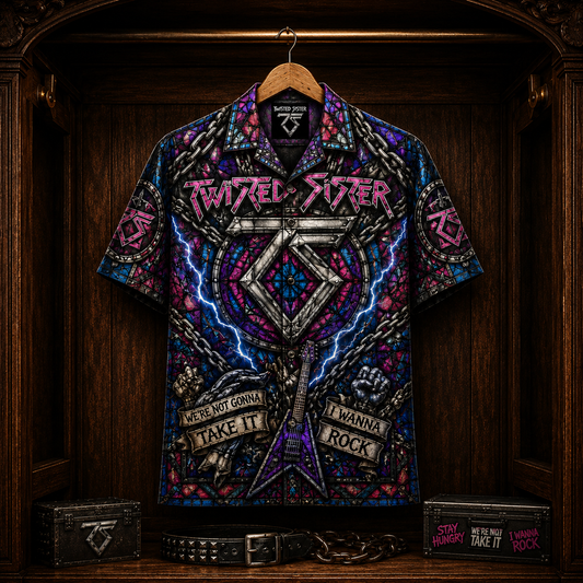Twisted Sister Hawaiian Shirt - Stained Glass Glam Metal All-Over Print Button-Up Shirt
