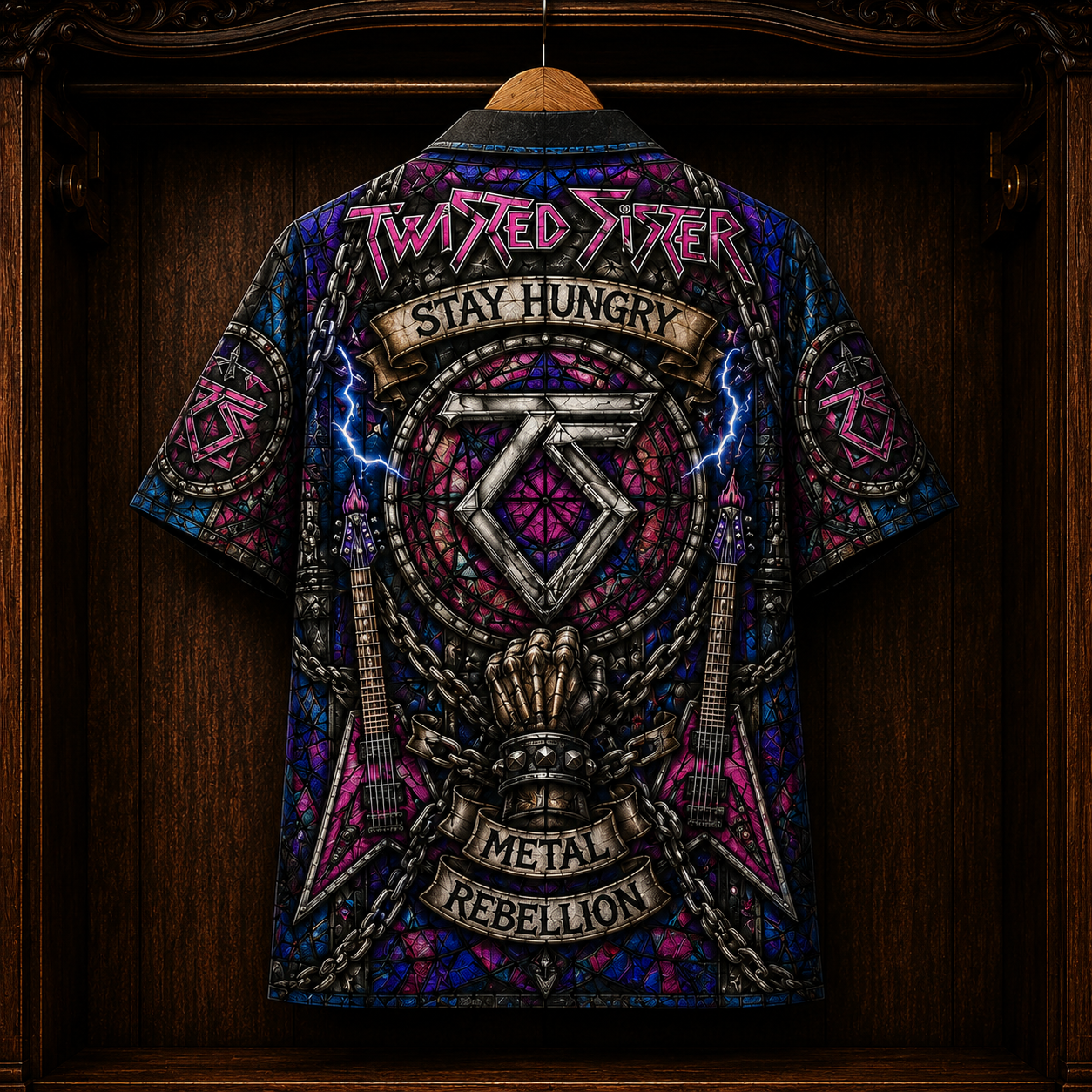 Twisted Sister Hawaiian Shirt - Stained Glass Glam Metal All-Over Print Button-Up Shirt