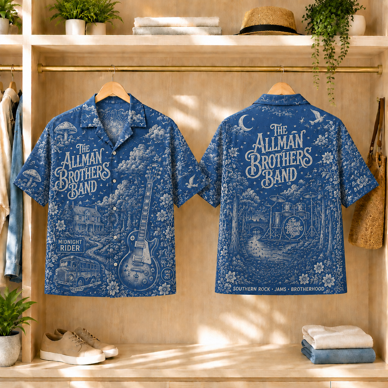 The Allman Brothers Band Blue Toile Hawaiian Shirt - Southern Rock Vintage All-Over Print Button-Up Shirt