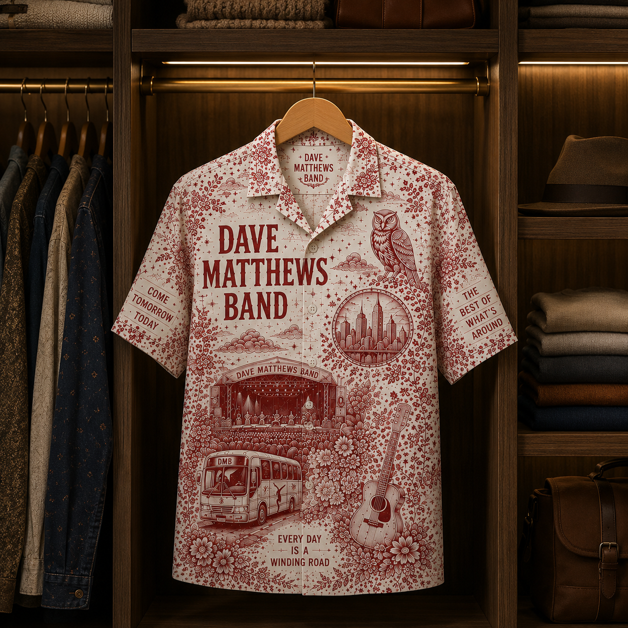 Dave Matthews Band Every Day Is a Winding Road Red Toile Hawaiian Shirt – DMB Fan Tropical Button-Up Gift