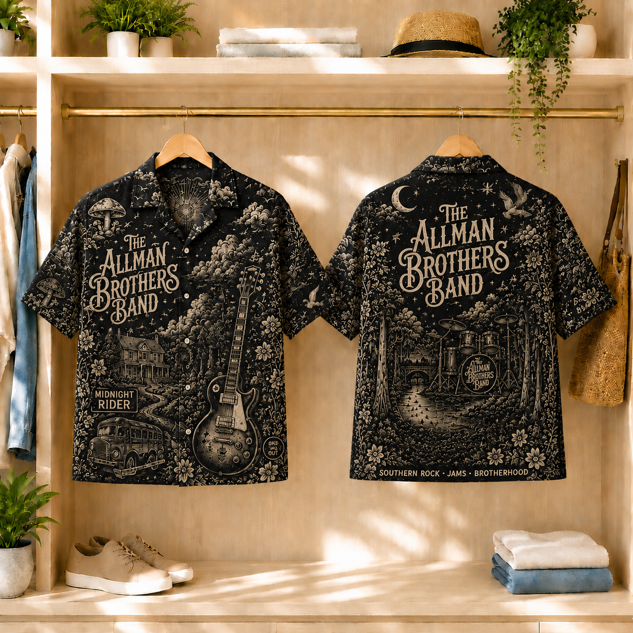 The Allman Brothers Band Blue Toile Hawaiian Shirt - Southern Rock Vintage All-Over Print Button-Up Shirt