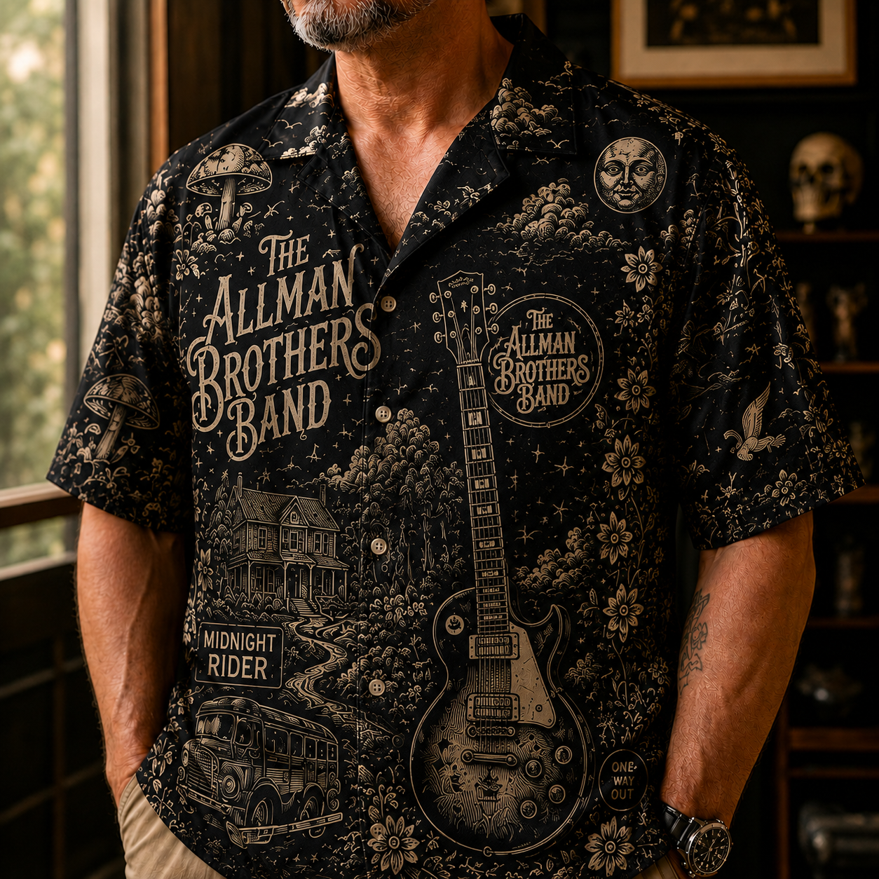 The Allman Brothers Band Blue Toile Hawaiian Shirt - Southern Rock Vintage All-Over Print Button-Up Shirt