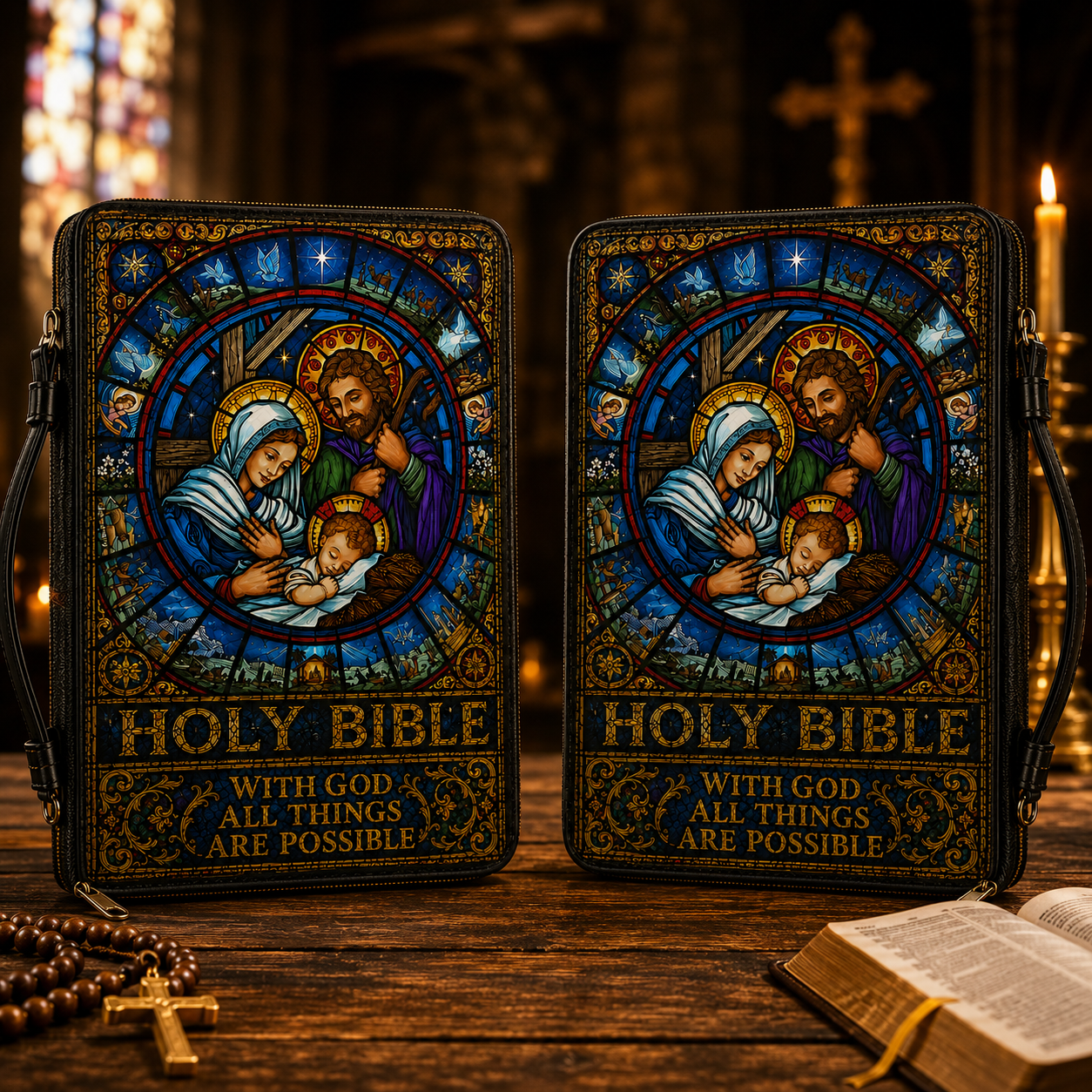 Holy Bible Cover With God All Things Are Possible- Christian Stained Glass Nativity Leather Bible Cover with Zipper