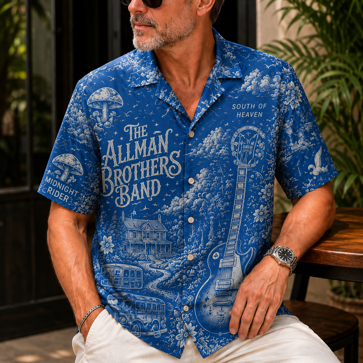 The Allman Brothers Band Blue Toile Hawaiian Shirt - Southern Rock Vintage All-Over Print Button-Up Shirt