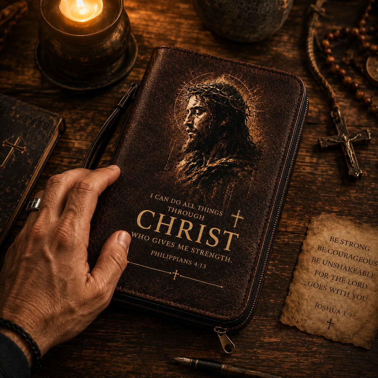 Christian Bible Cover - Jesus Portrait Leather Bible Cover with Philippians 4:13 and Jeremiah 29:11 Scripture Design