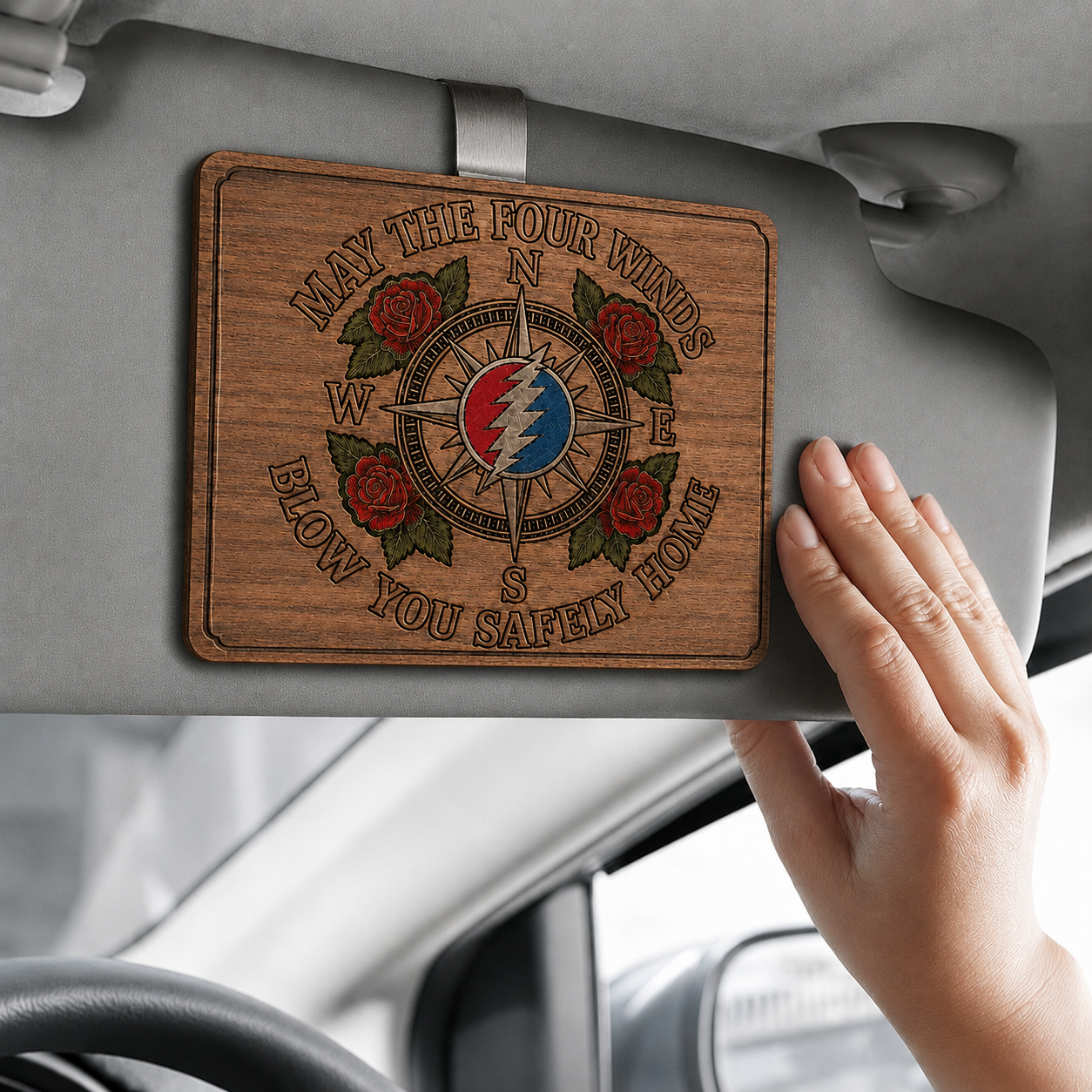 Grateful Dead Inspired Car Visor Clip – “May the Four Winds Blow You Safely Home” Wooden Compass Decor