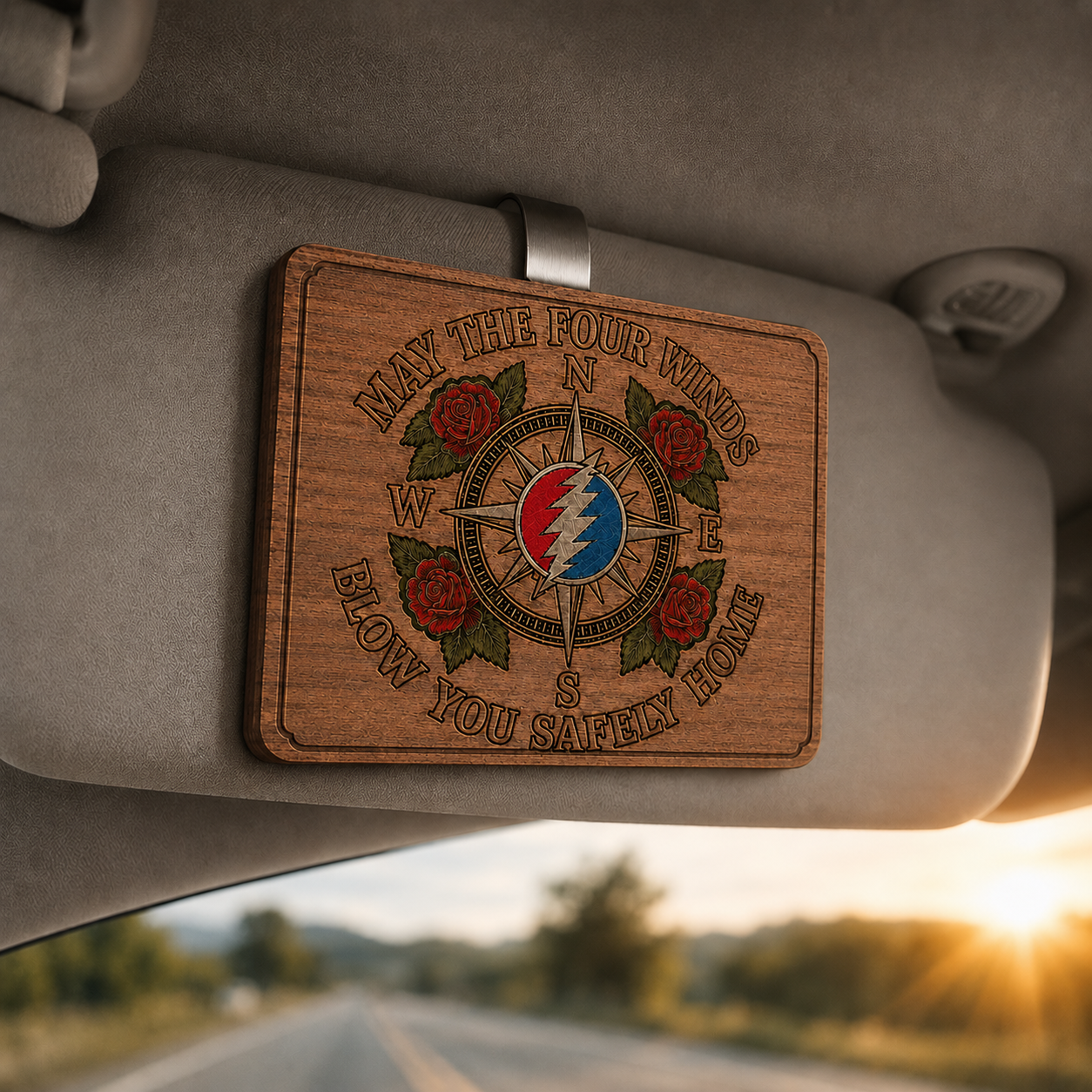 Grateful Dead Inspired Car Visor Clip – “May the Four Winds Blow You Safely Home” Wooden Compass Decor