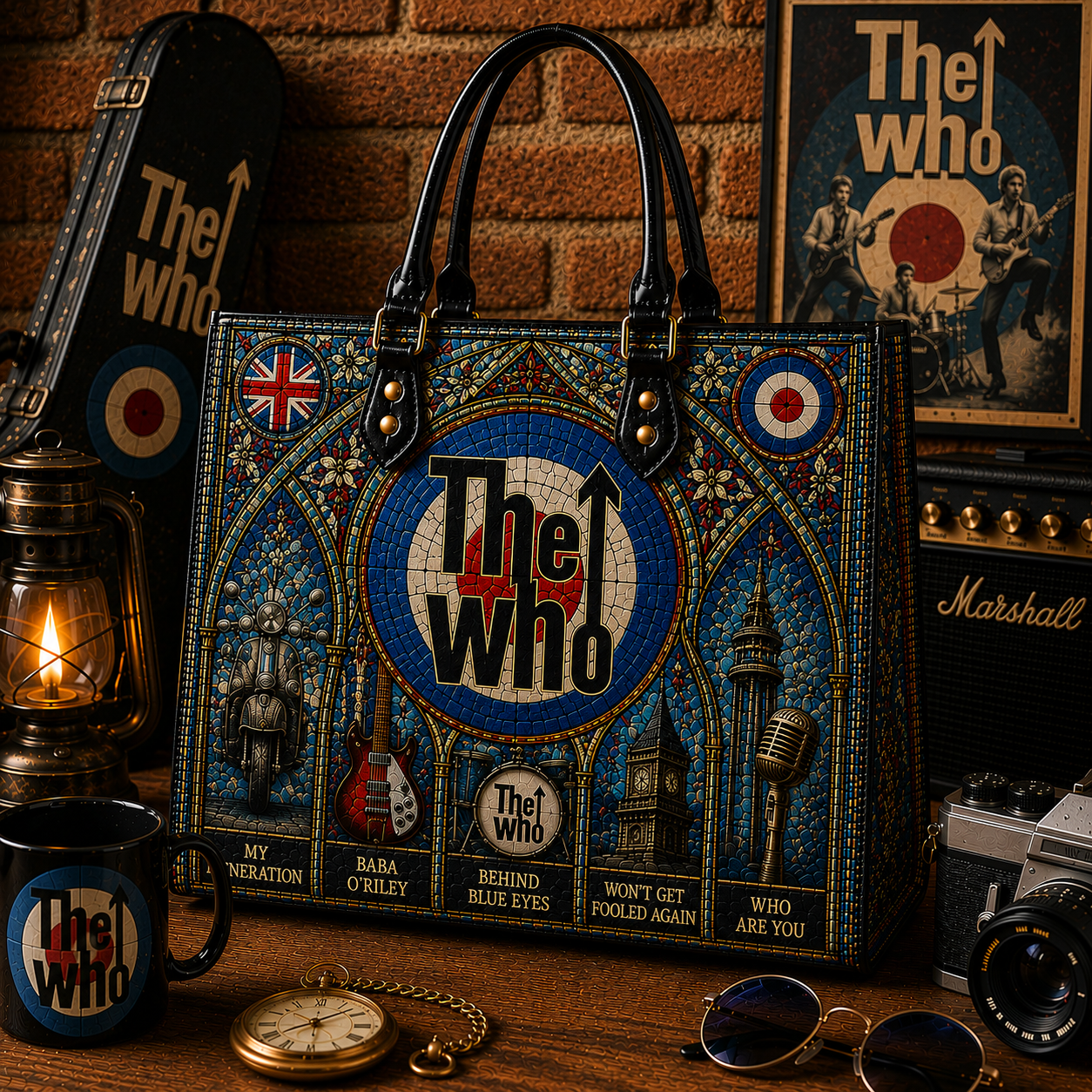 The Who Leather Handbag, Leather Tote Bag, Leather Wallet Set - Stained Glass The Who Band Fan Gift, Luxury Rock Music Accessories