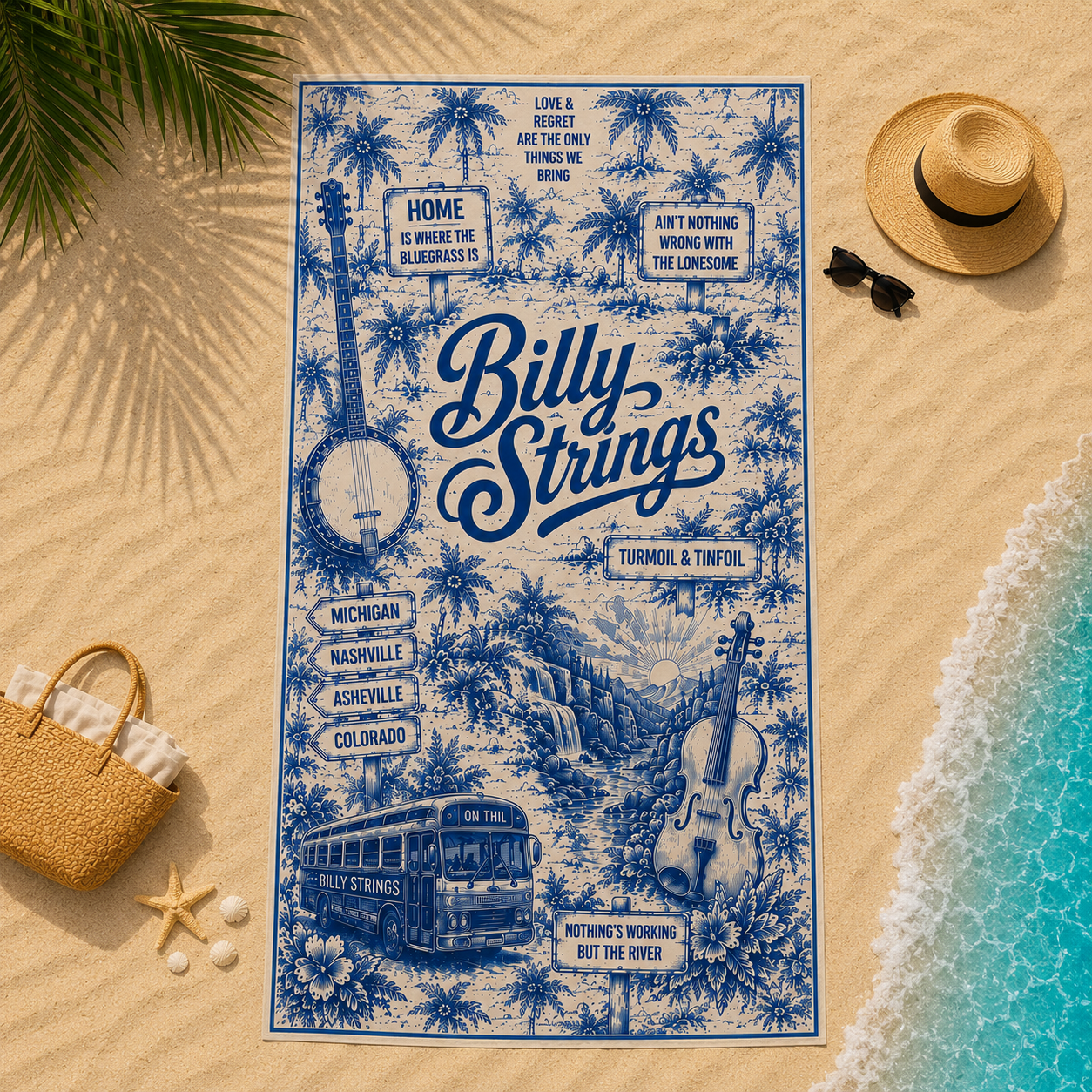 Billy Strings Bluegrass Toile Style Beach Towel – Vintage Tropical Toile Banjo & Fiddle Design for Music Fans