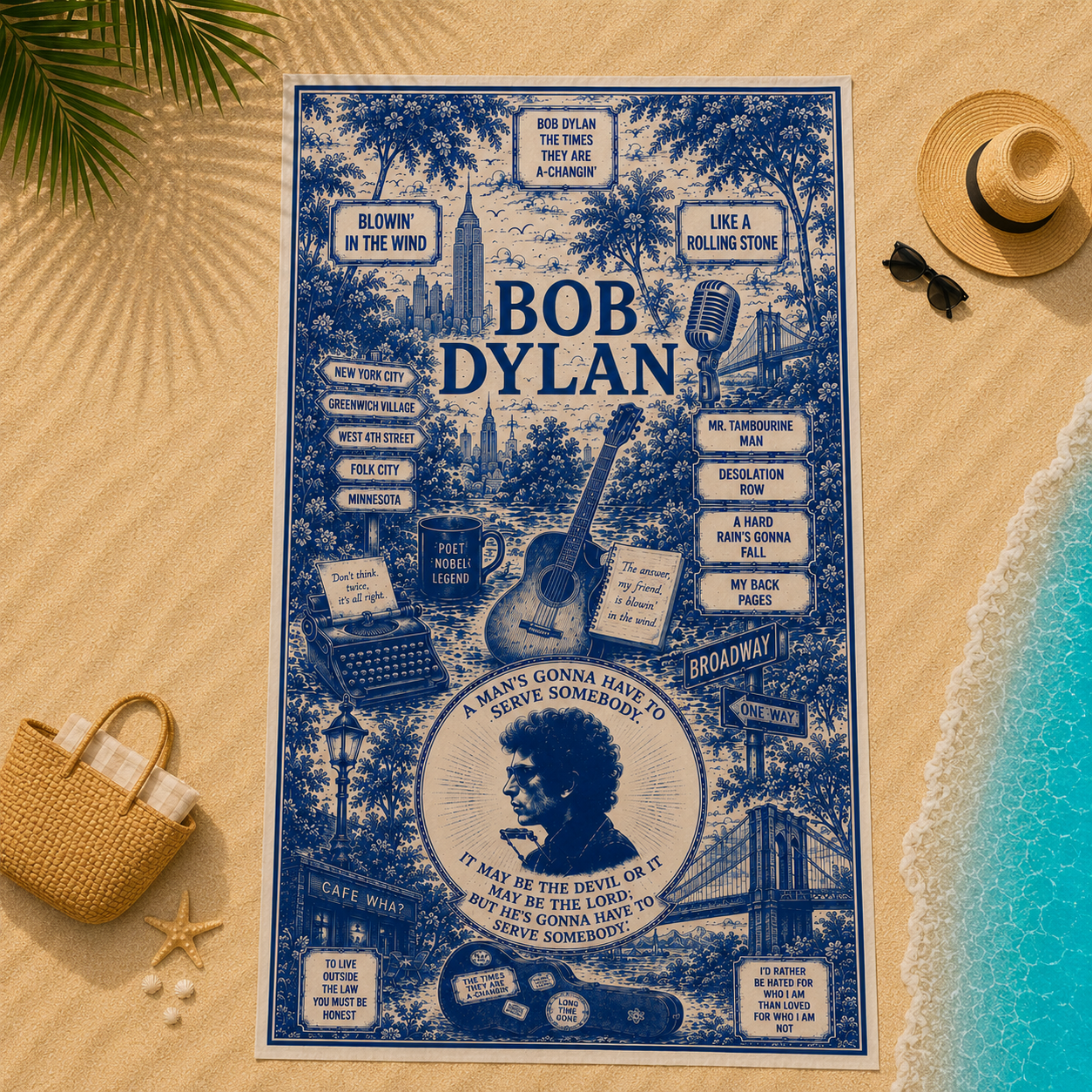 Bob Dylan Beach Towel – Vintage Folk Music Toile Design Featuring New York Landmarks & Classic Song References