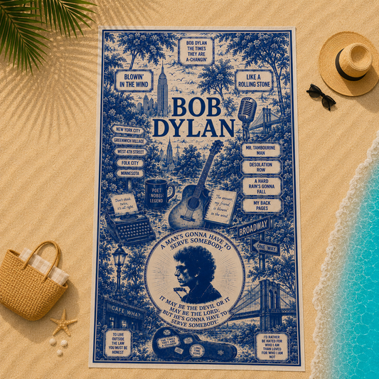 Bob Dylan Beach Towel – Vintage Folk Music Toile Design Featuring New York Landmarks & Classic Song References