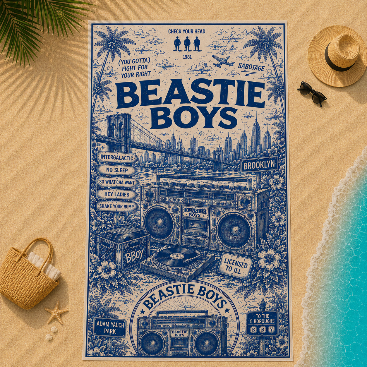 Beastie Boys Beach Towel – Vintage Brooklyn Hip Hop Toile Design Featuring No Sleep Till Brooklyn & Classic Boombox Art