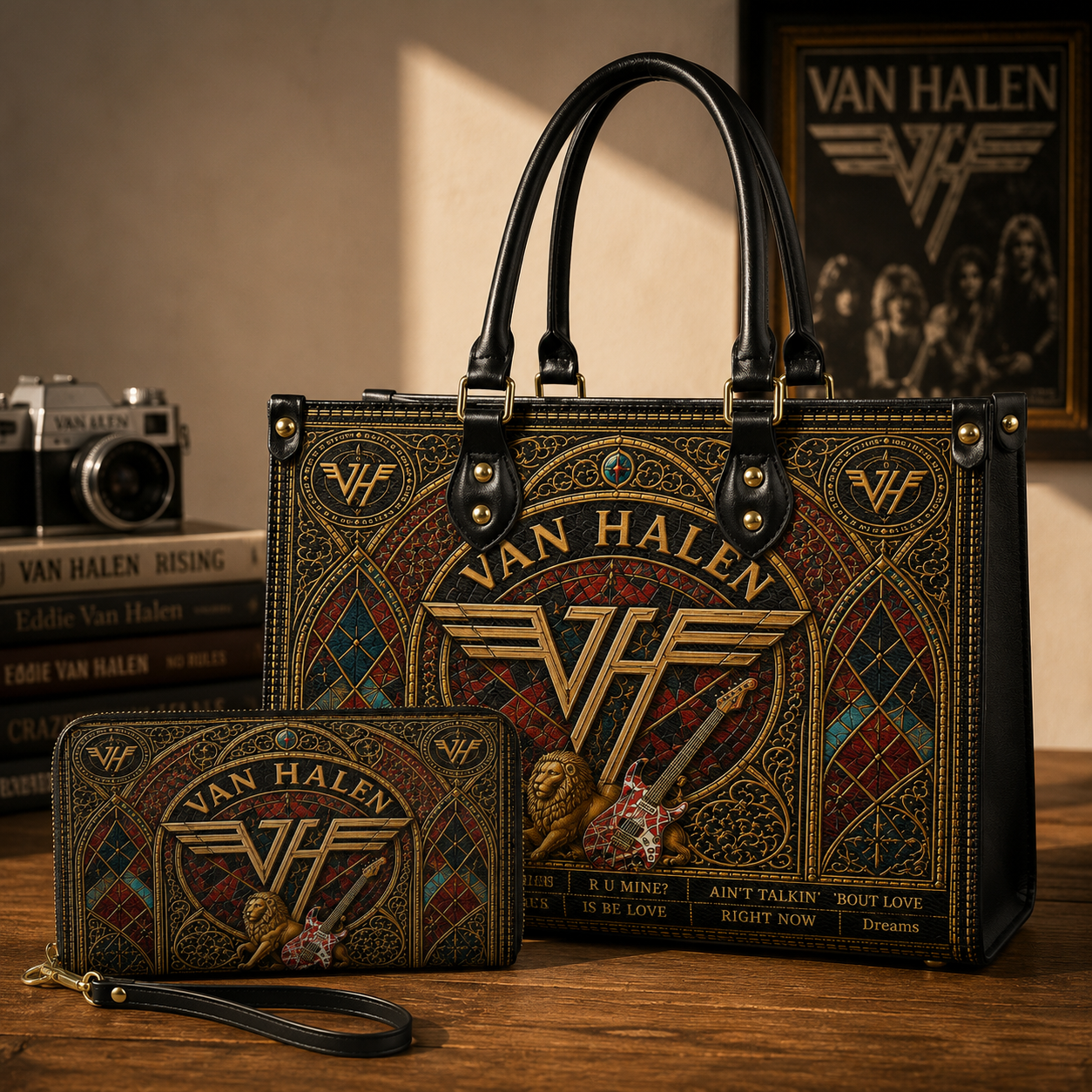 Van Halen Leather Handbag, Tote Bag and Wallet Set, Vintage Stained Glass Rock Band Design, Classic Rock Music Fan Gift