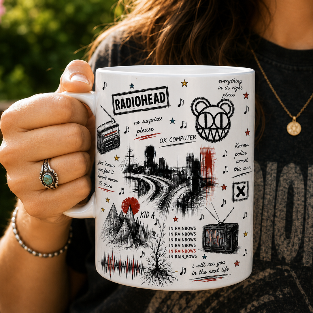 Radiohead Icon Collage Mug, OK Computer Kid A and In Rainbows Coffee Cup, Alternative Rock Fan Gift