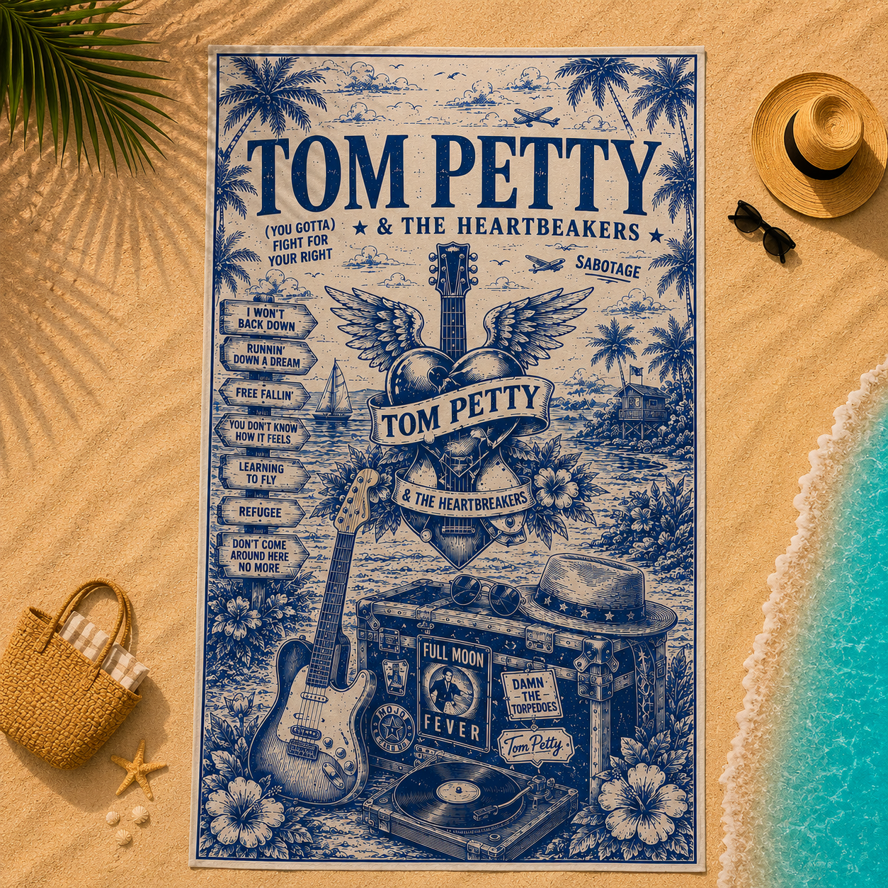 Tom Petty & The Heartbreakers Beach Towel – Vintage Tropical Rock Music Design Featuring Free Fallin’, Learning to Fly & Full Moon Fever