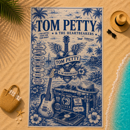 Tom Petty & The Heartbreakers Beach Towel – Vintage Tropical Rock Music Design Featuring Free Fallin’, Learning to Fly & Full Moon Fever