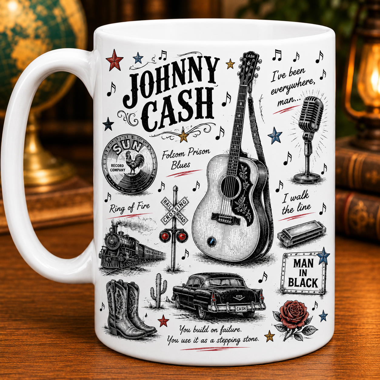 Johnny Cash Icon Collage Mug, Ring of Fire and Folsom Prison Blues Coffee Cup, Country Music Fan Gift