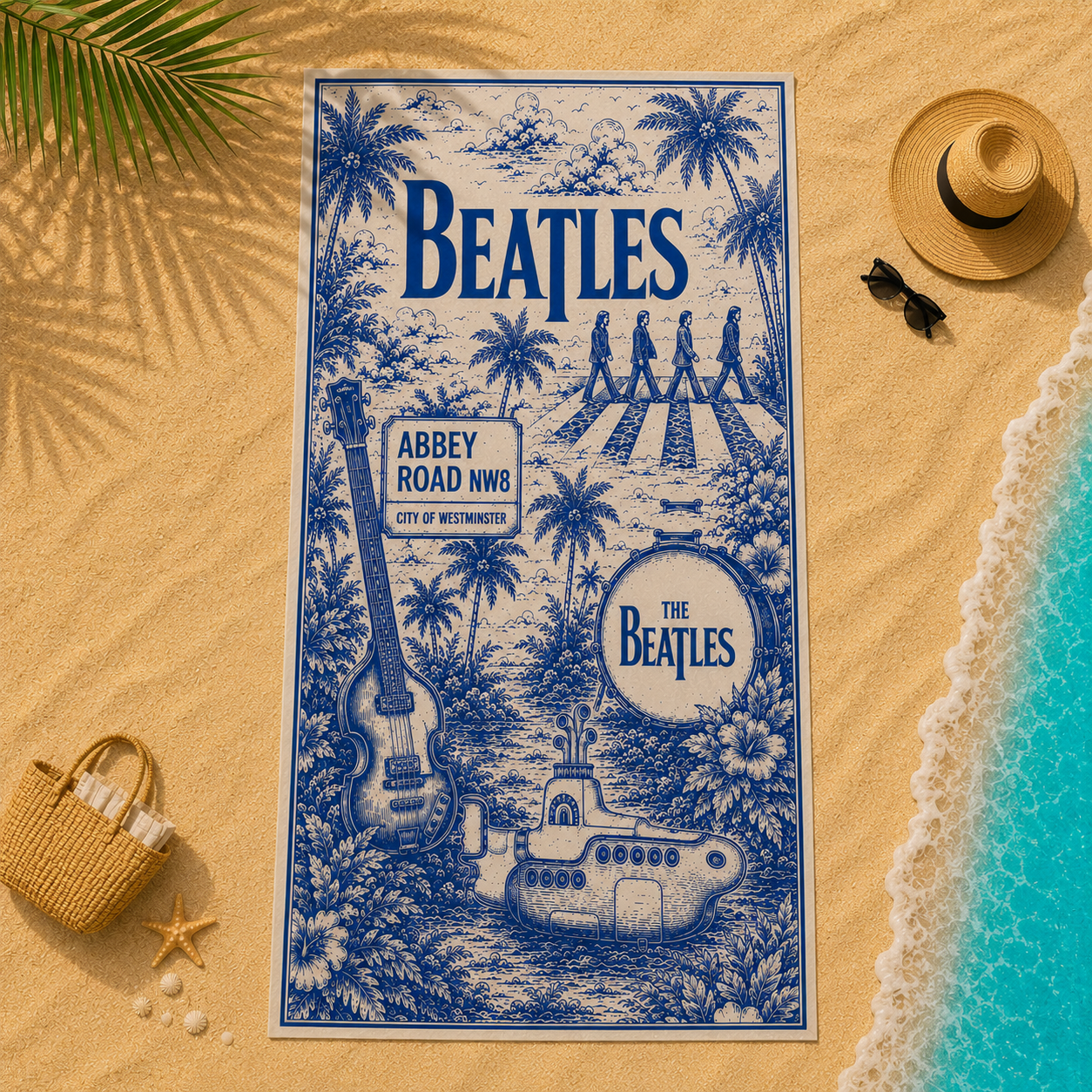 The Beatles Beach Towel – Vintage Tropical Abbey Road & Yellow Submarine Design for Classic Rock Fans