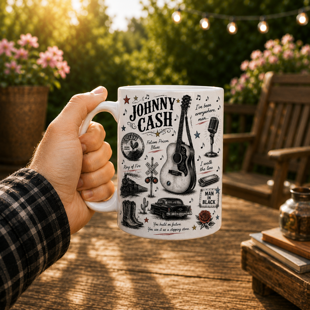 Johnny Cash Icon Collage Mug, Ring of Fire and Folsom Prison Blues Coffee Cup, Country Music Fan Gift
