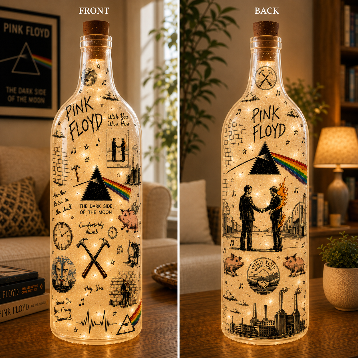 Pink Floyd Bottle Lamp – Dark Side of the Moon Light, Wish You Were Here Classic Rock Decor Gift