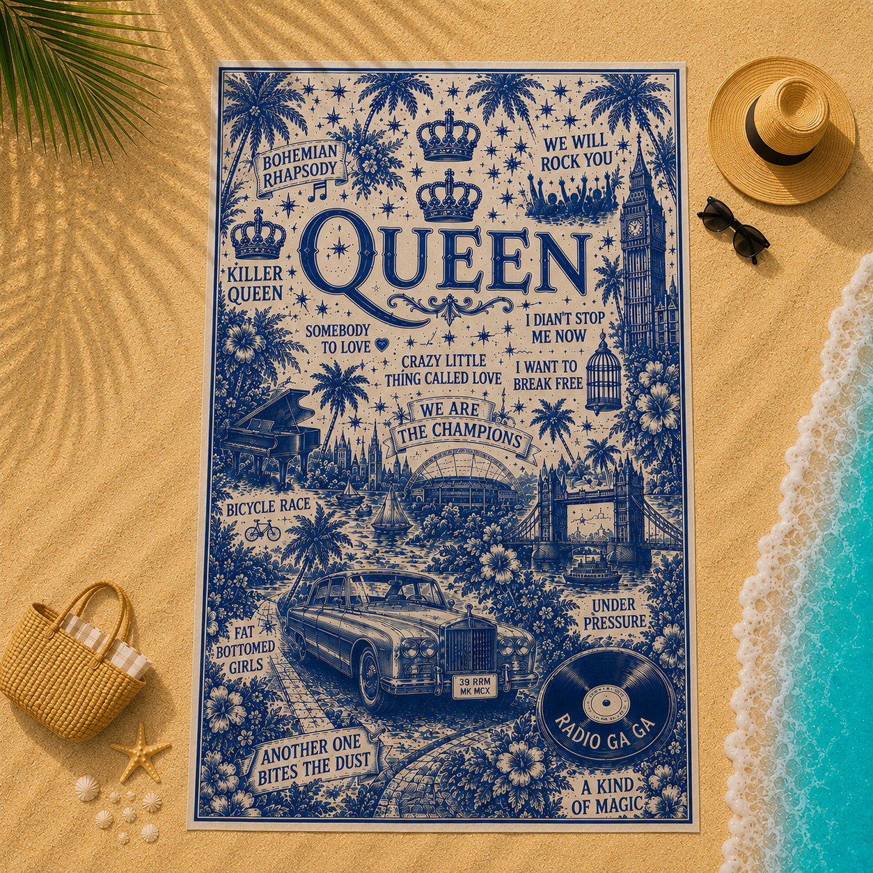 Queen Beach Towel – Vintage British Rock Toile Design Featuring Bohemian Rhapsody, We Will Rock You & Classic Queen Icons