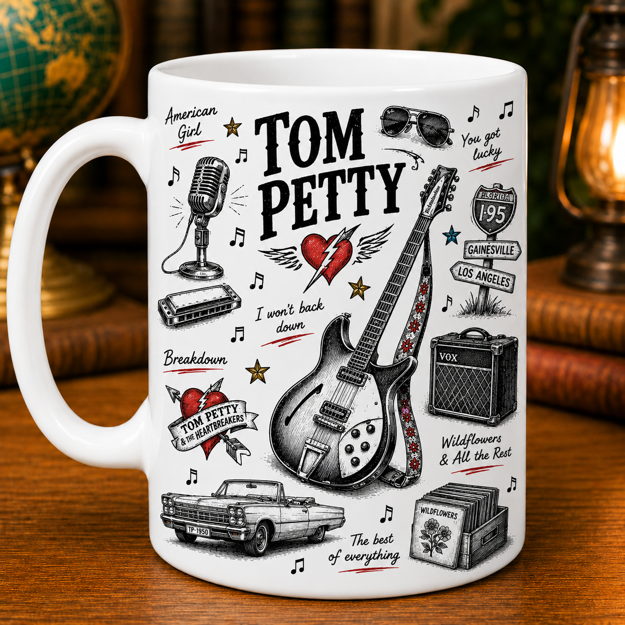Tom Petty Sketch Coffee Mug - Vintage Rock Music Ceramic Mug - Tom Petty & The Heartbreakers Fan Gift - Classic Guitar Coffee Cup