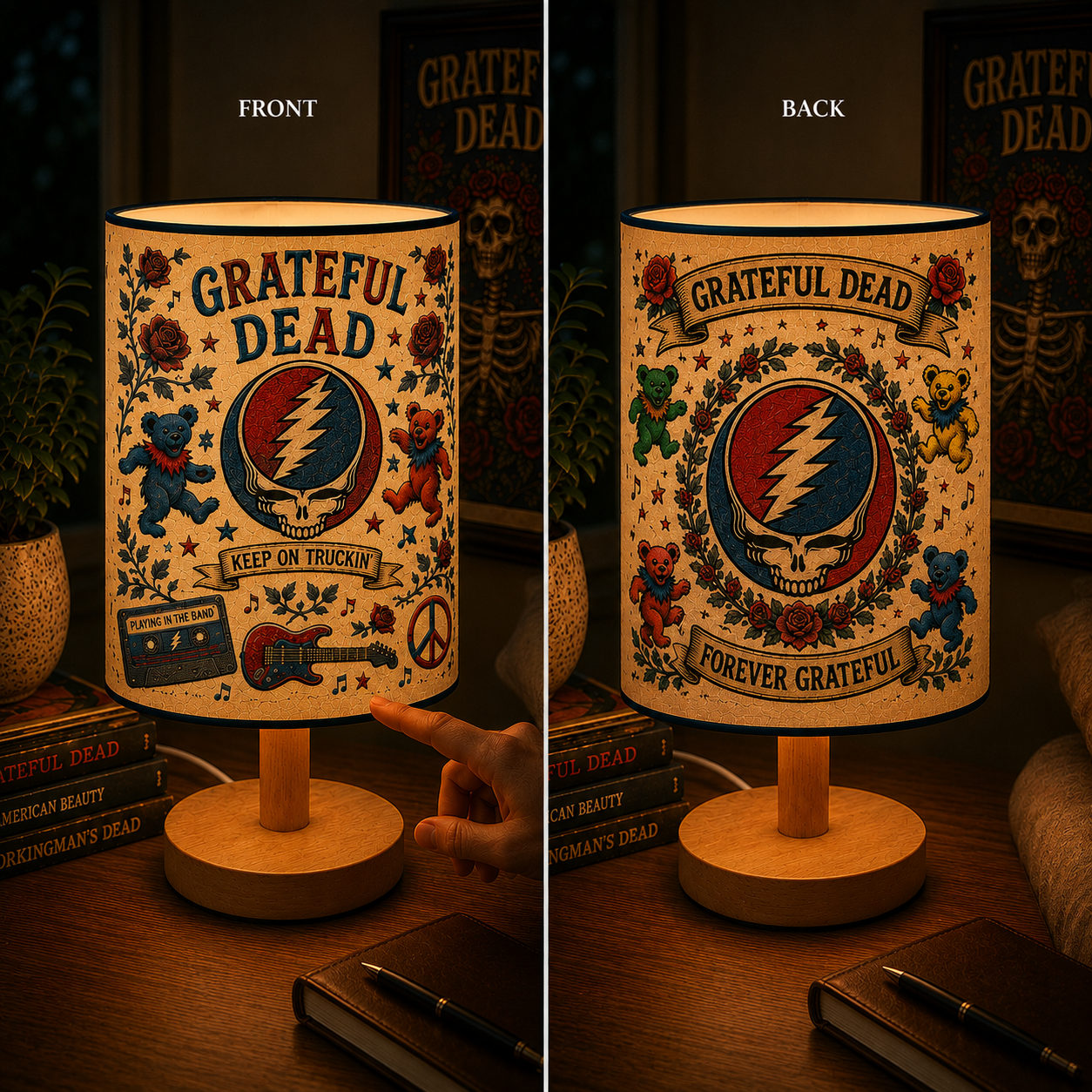 Grateful Dead Fabric Table Lamp – Music Room Decor Wooden Bedside Lamp