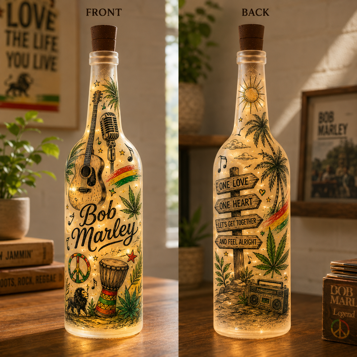 Bob Marley Inspired Lighted Bottle Lamp – Reggae Music Decor, One Love Night Light, Gift for Bob Marley Fans