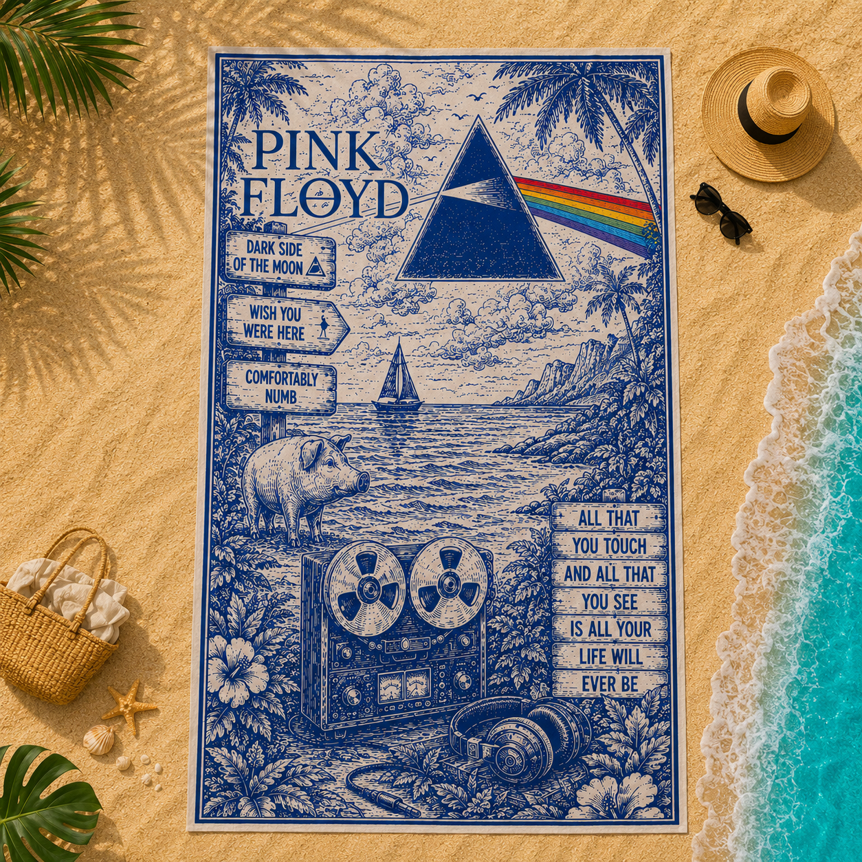 Pink Floyd Beach Towel – Vintage Tropical Dark Side of the Moon Design Featuring Wish You Were Here & Comfortably Numb