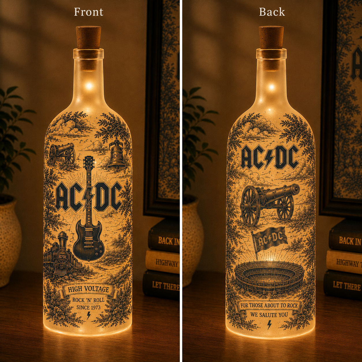 AC/DC Bottle Lamp – Handmade LED Glass Bottle Lamp, Vintage AC/DC Rock Band Night Light Gift for Classic Rock Fans
