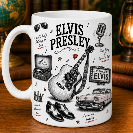 Elvis Presley Sketch Coffee Mug - Vintage Rock 'n' Roll Ceramic Mug - The King of Rock and Roll Gift for Elvis Fans