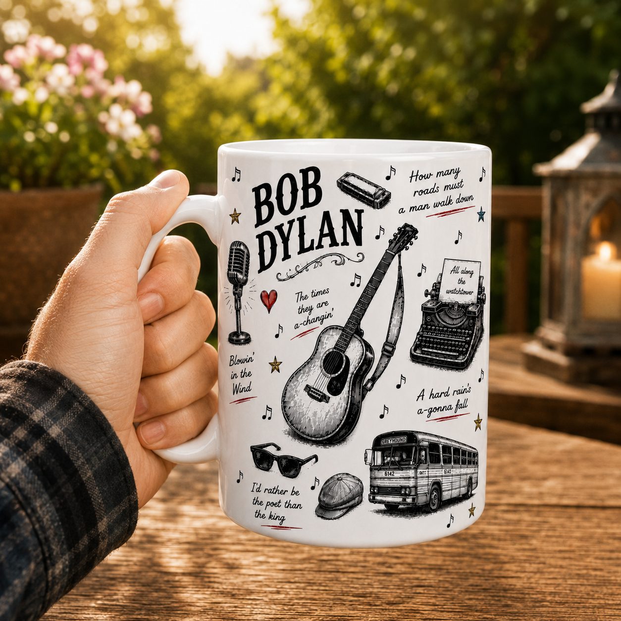Bob Dylan Icon Collage Mug, Blowin’ in the Wind and The Times They Are A-Changin’ Coffee Cup, Folk Music Fan Gift
