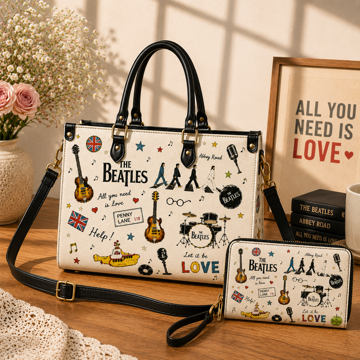 The Beatles Sketch Icon Handbag, Tote Bag and Wallet Set, Abbey Road Classic Rock Accessories, Music Lover Gift