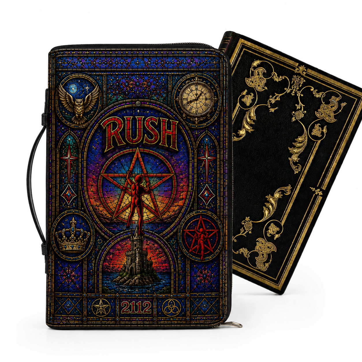 Rush 2112 Stained Glass Bible Cover - Progressive Rock Inspired Leather Zippered Book Cover
