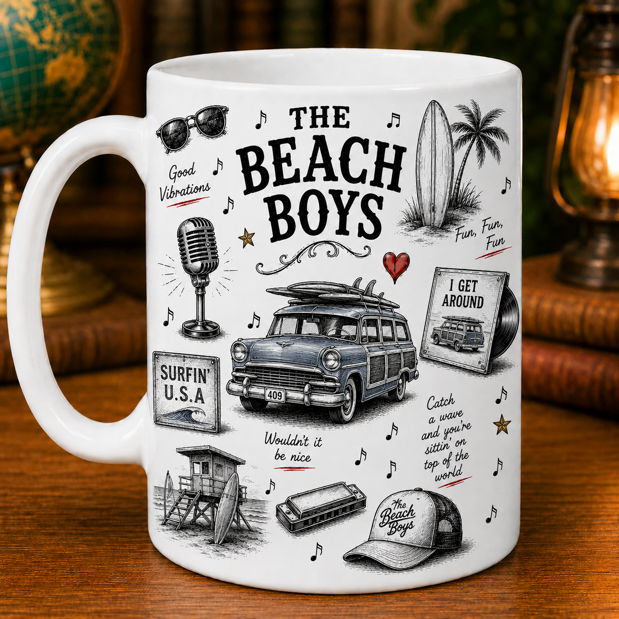 The Beach Boys Sketch Ceramic Mug, Vintage Surf Rock Coffee Mug, Good Vibrations Gift, Beach Boys Fan Gift