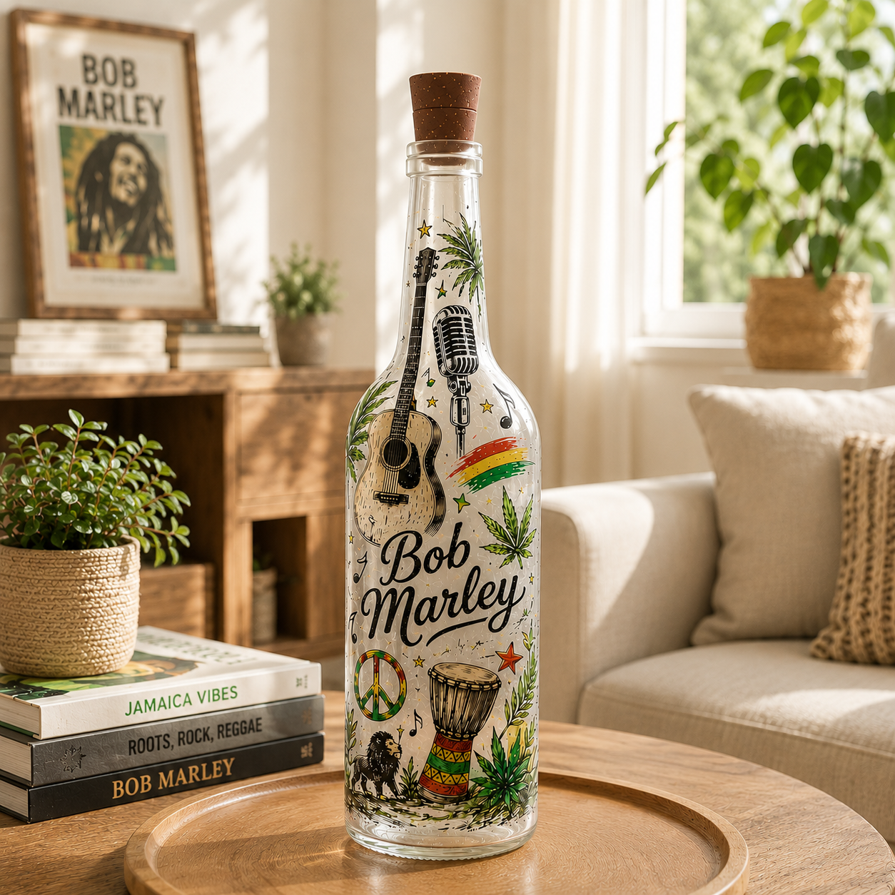 Bob Marley Inspired Lighted Bottle Lamp – Reggae Music Decor, One Love Night Light, Gift for Bob Marley Fans