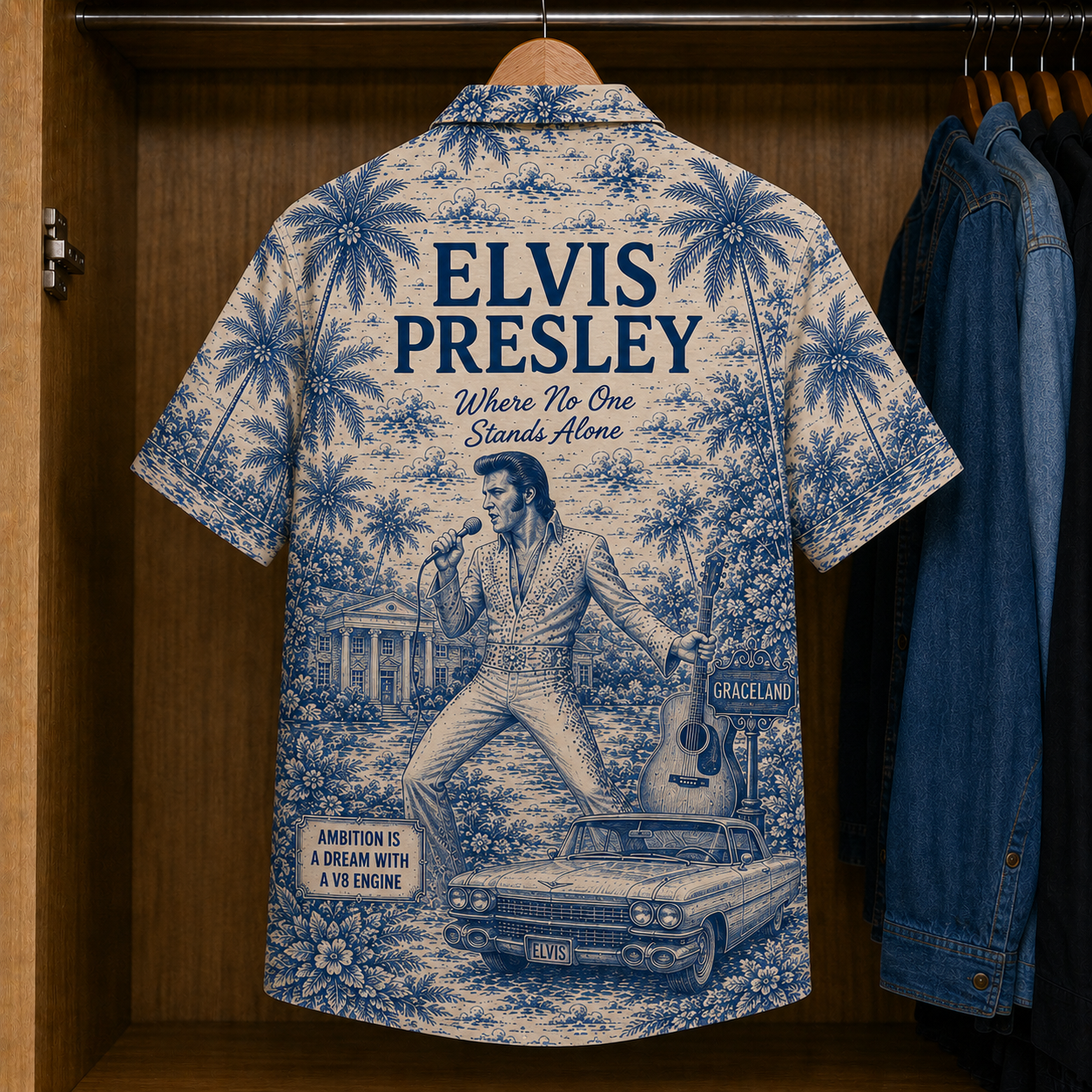 Elvis Presley Hawaiian Shirt – Vintage Tropical Rock ’n’ Roll Button-Up Featuring Graceland, Hound Dog & Jailhouse Rock