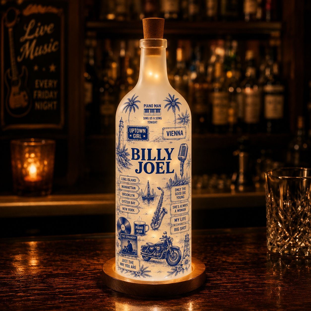Billy Joel Bottle Lamp – Handmade LED Glass Bottle Lamp, Vintage Billy Joel Music Night Light, Piano Man Gift for Classic Rock Fans