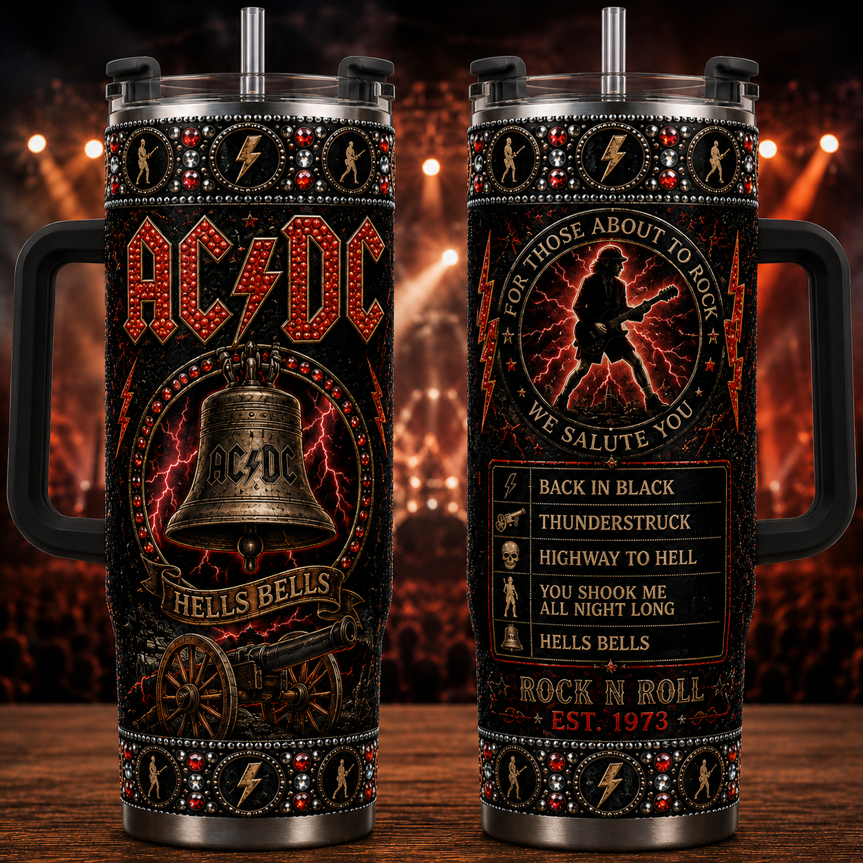 AC/DC 40oz Rhinestone Insulated Tumbler with Handle - Rock Band Stainless Steel Travel Mug with Straw and Lid